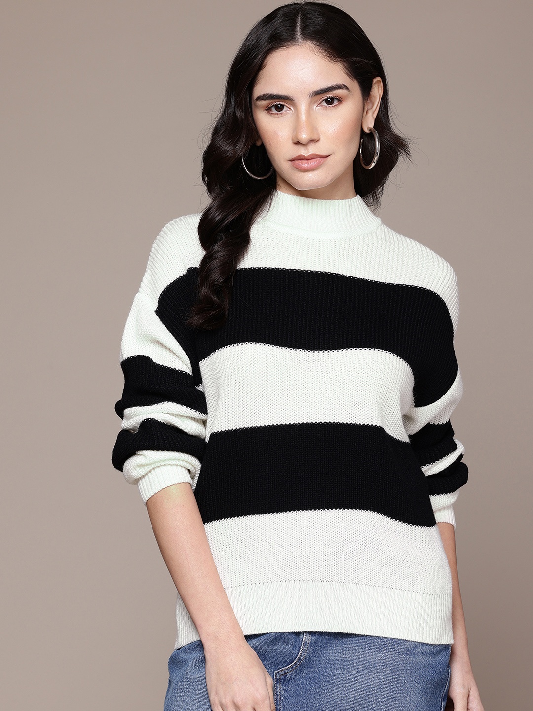 

The Roadster Lifestyle Co. Women Striped Acrylic Pullover, White