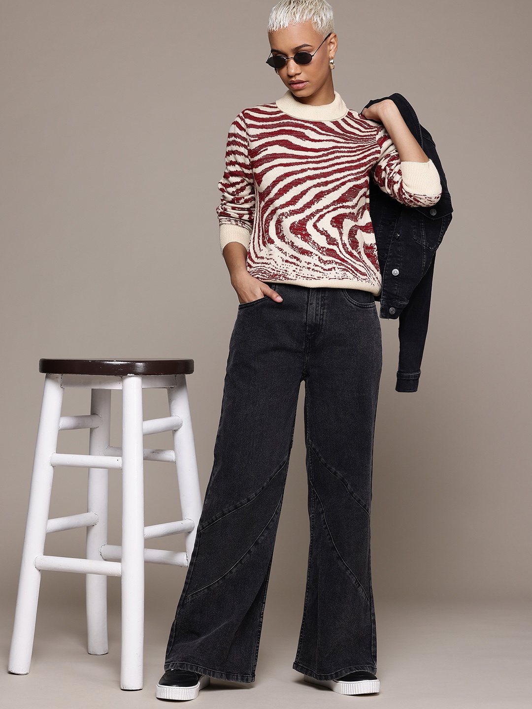 

The Roadster Lifestyle Co. Women Self Design Acrylic Pullover, Cream