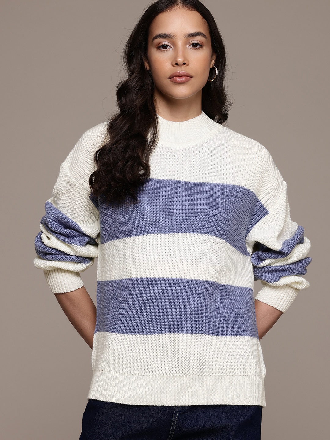 

The Roadster Lifestyle Co. Striped Drop-Shoulder Sleeve Pullover, White