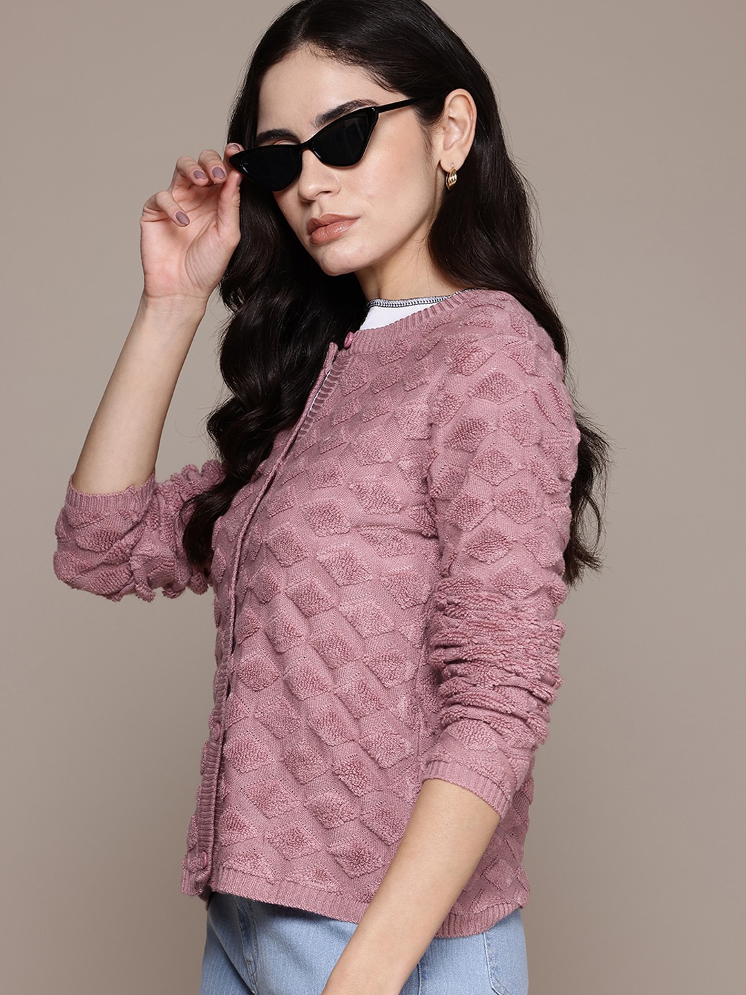 

Roadster The Lifestyle Co. Geometric Self Design Cardigan, Rose