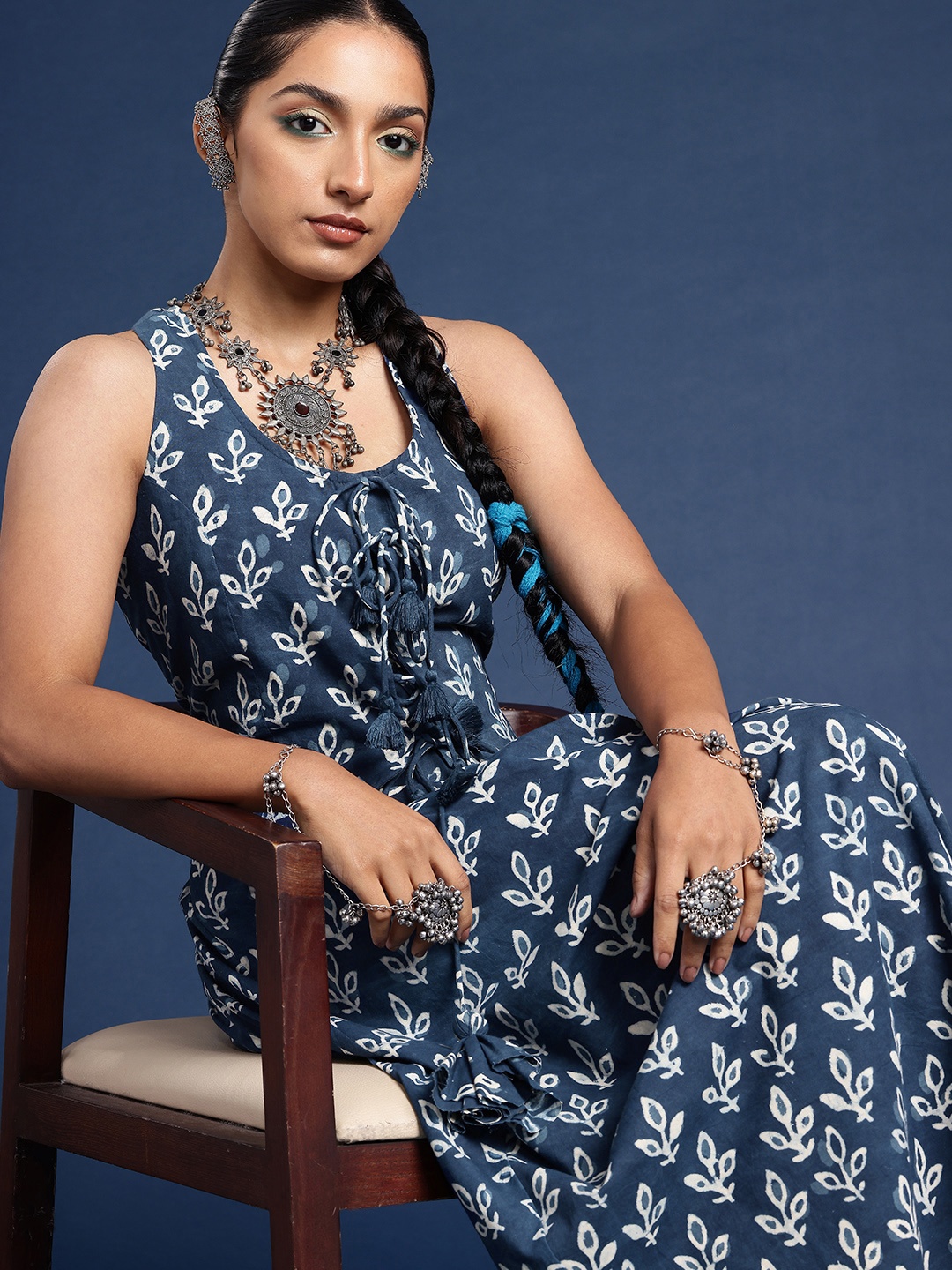 

Taavi Indigo Printed Pure Cotton Top With Skirt Co-Ords Set, Blue