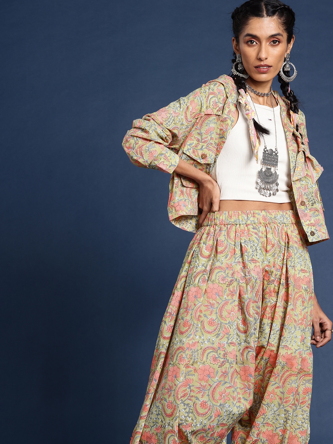 

Taavi Sanganeri Pure Cotton Floral Printed Shirt & Dhoti Co-ords, Green