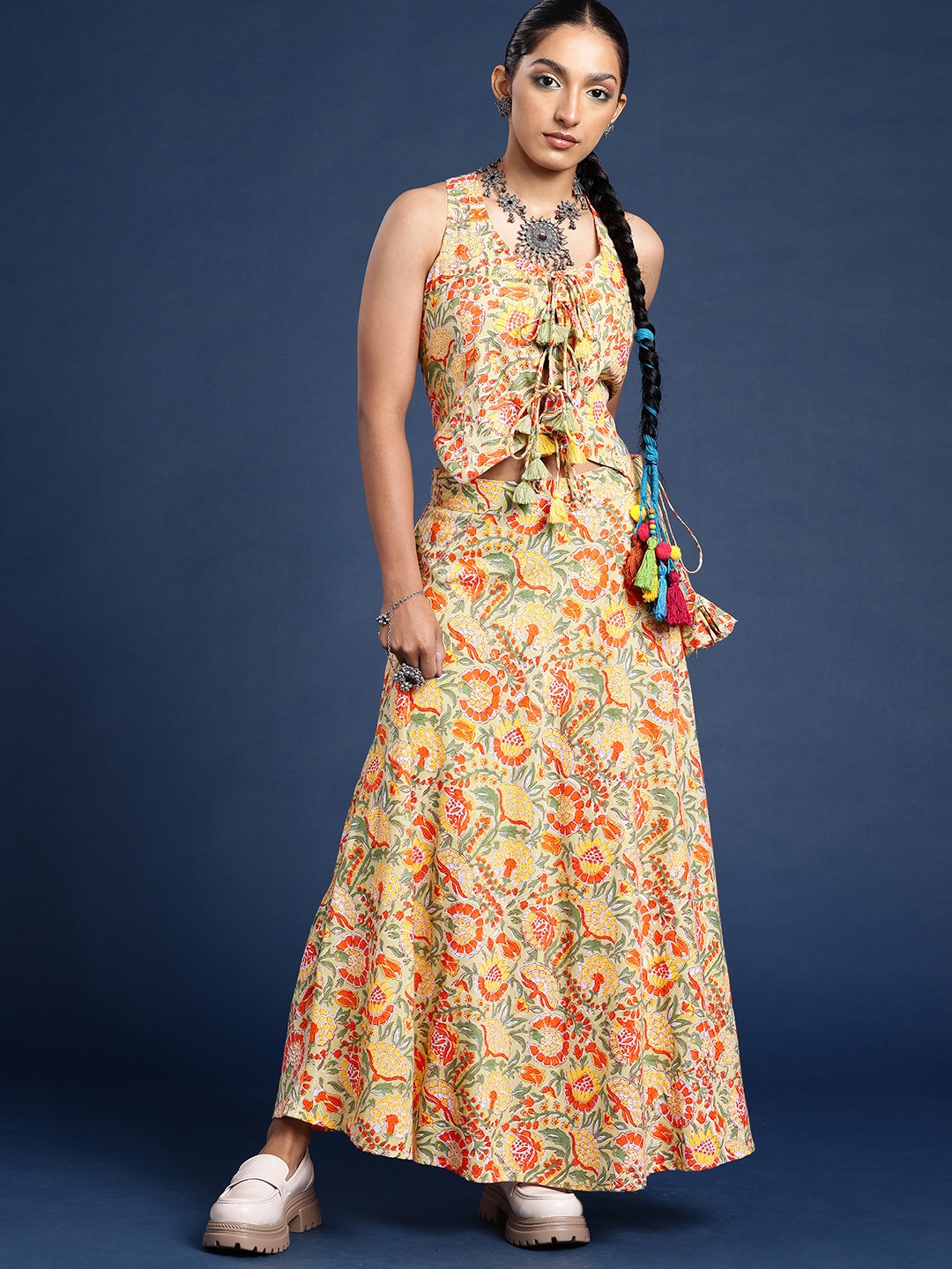 

Taavi Sanganeri Pure Cotton Floral Printed Top With Skirt Co-Ords Set, Green