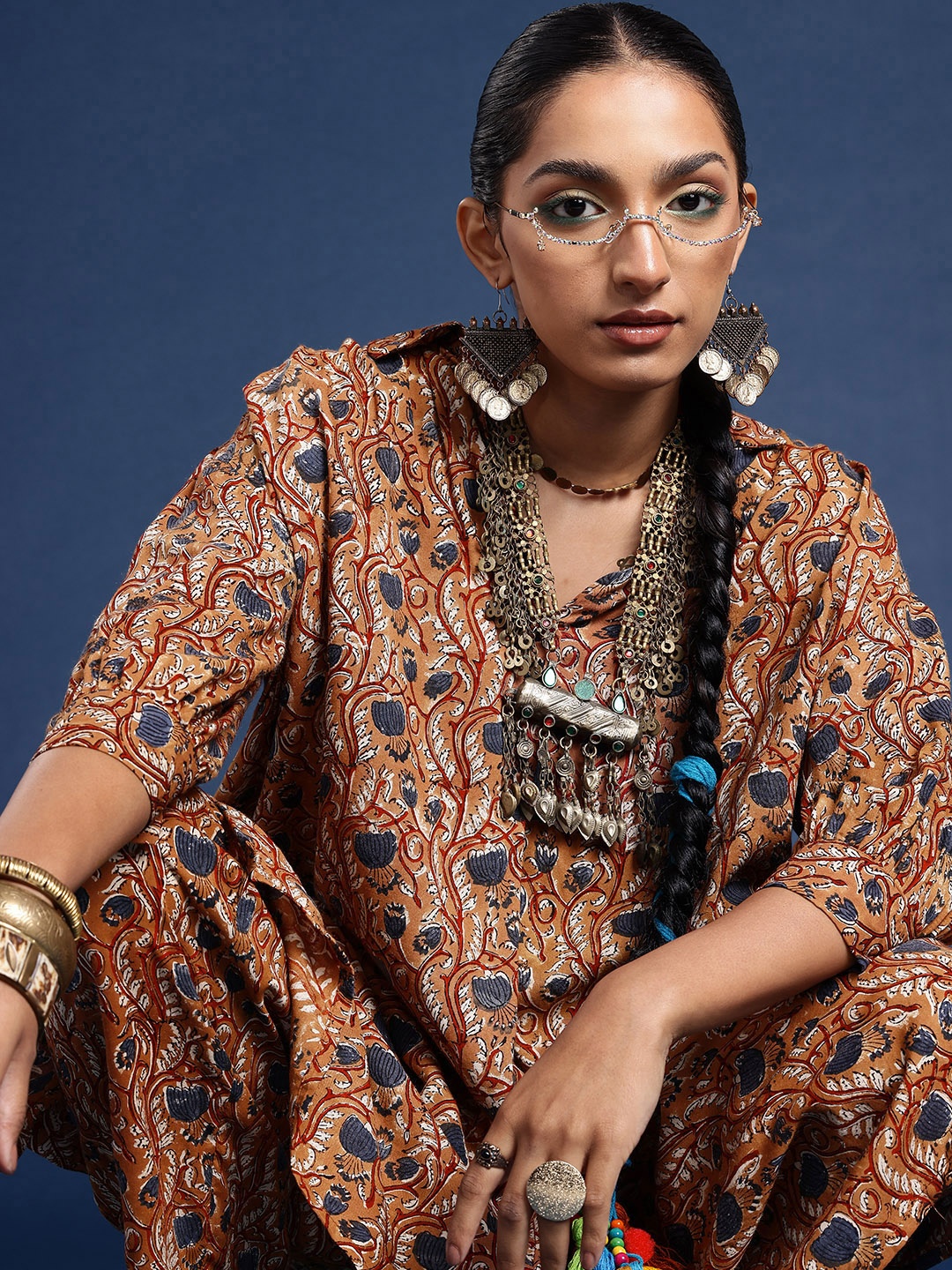 

Taavi Bagru Pure Cotton Ethnic Motifs Printed Tunic With Trousers, Brown