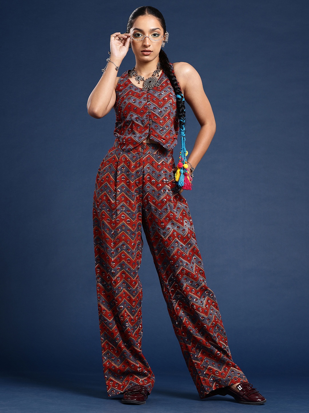 

Taavi Bagru Floral Chevron Printed Pure Cotton Top With Trousers Co-Ords Set, Maroon