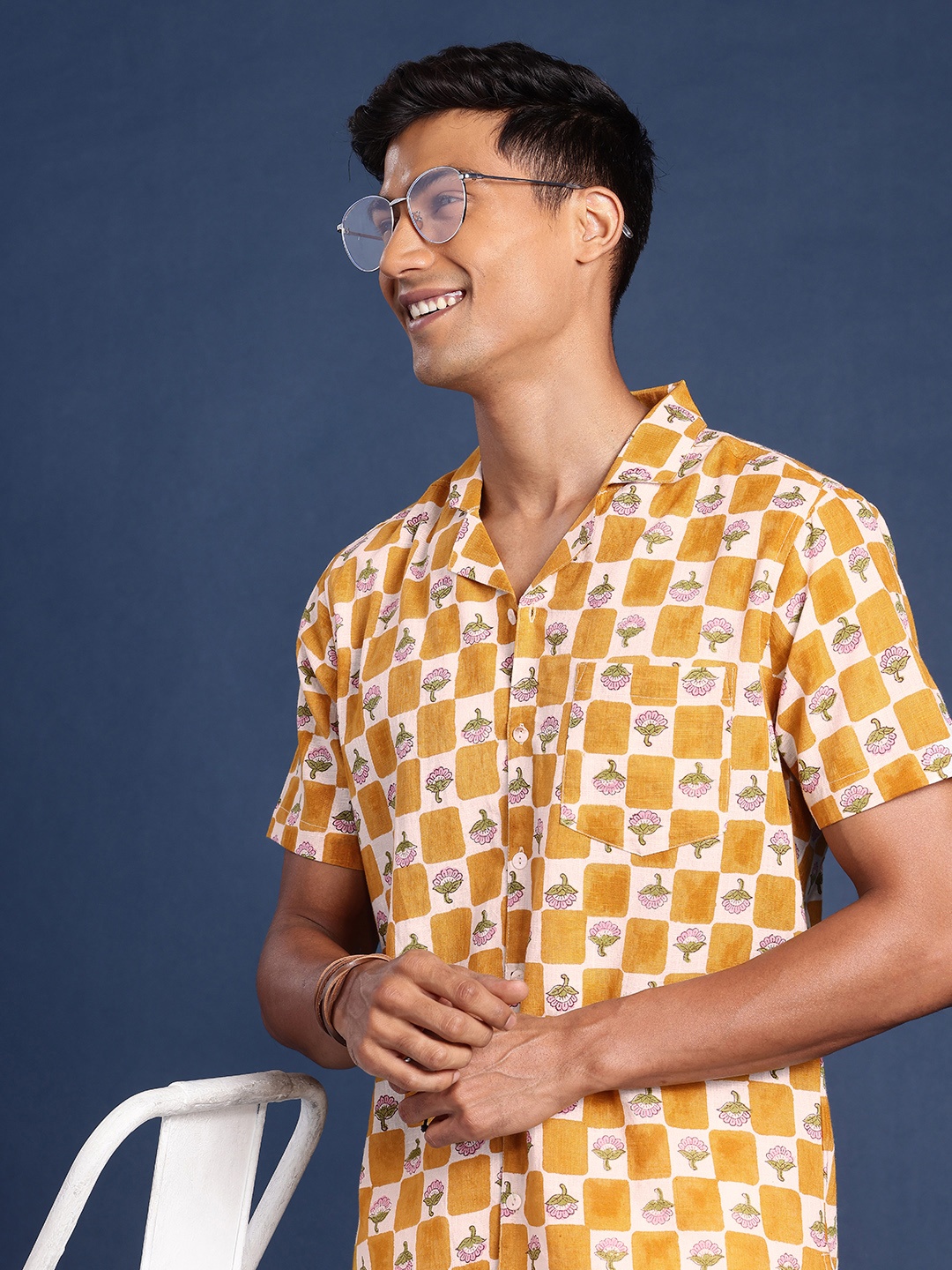 

Taavi Pure Cotton Opaque Floral Printed Sanganeri Casual Shirt, Mustard
