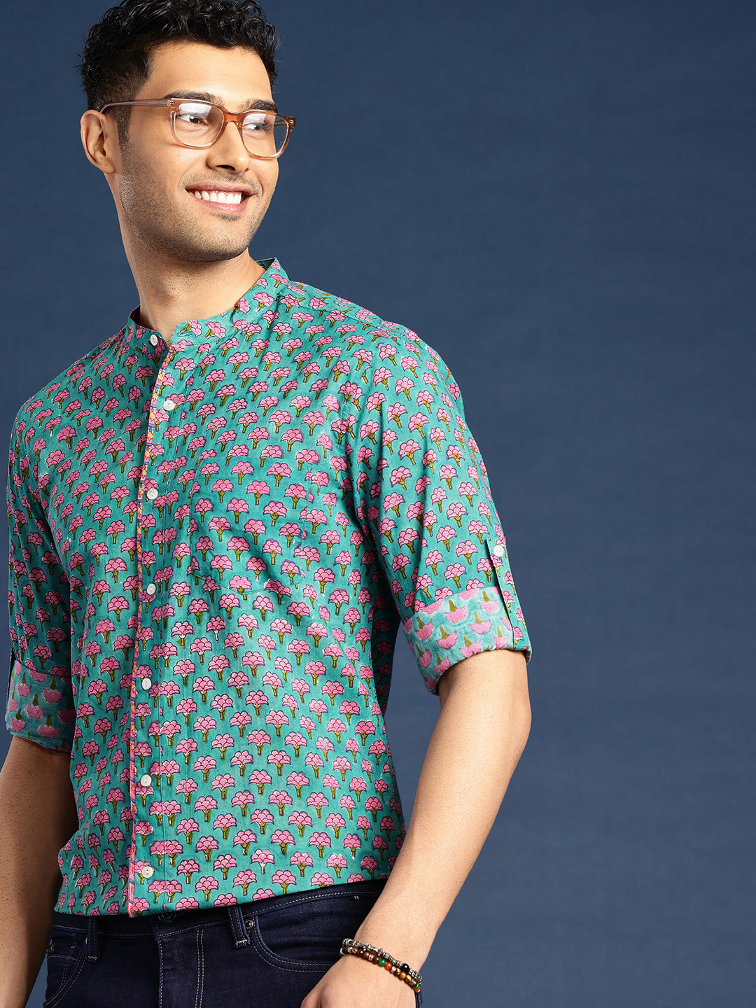 

Taavi Indie Floral Printed Pure Cotton Sanganeri Folk Casual Shirt, Blue