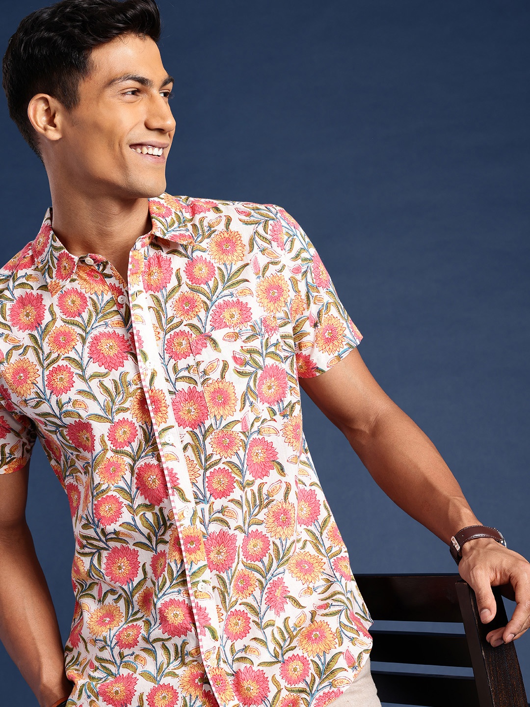 

Taavi Floral Printed Pure Cotton Sanganeri Folk Casual Shirt, White