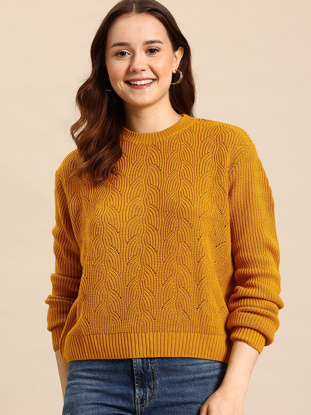 

Mast & Harbour Pure Acrylic Self-Design Pullover, Mustard