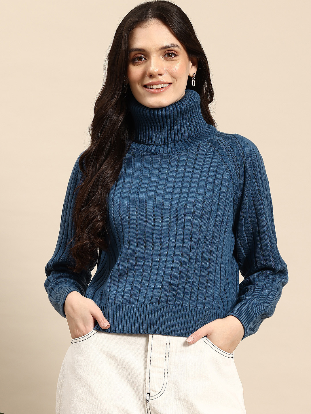 

Mast & Harbour Acrylic Turtle Neck Ribbed Pullover, Navy blue