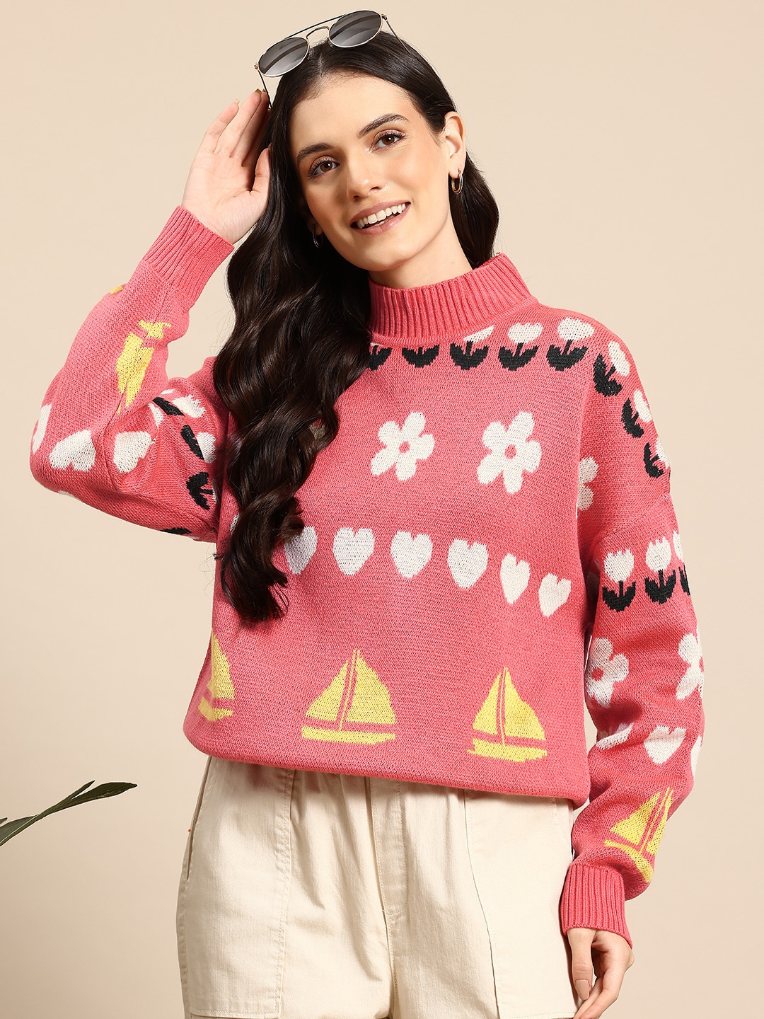 

Mast & Harbour High Neck Drop-Shoulder Sleeve Pullover, Pink