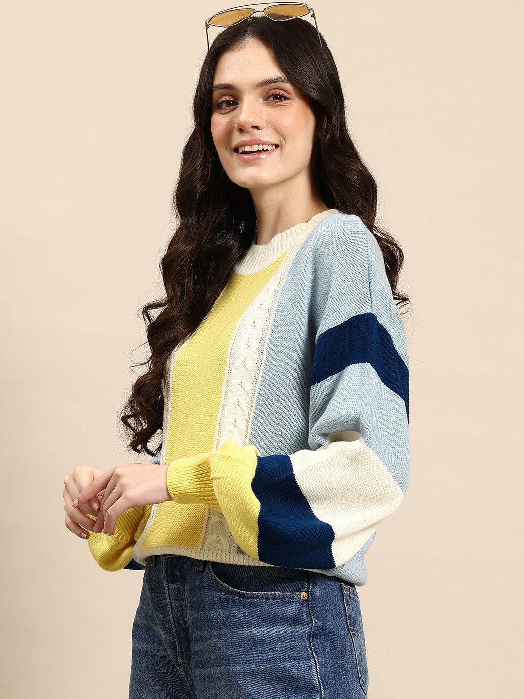 

Mast & Harbour Colourblocked Cable Knit Pullover, Blue