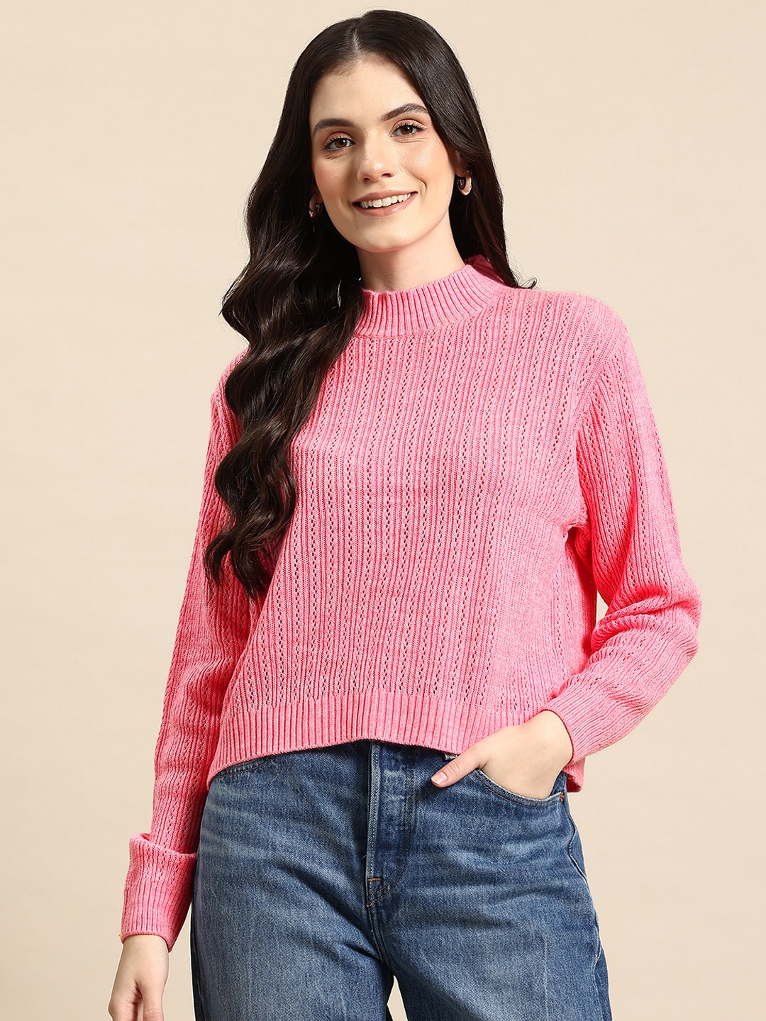 

Mast & Harbour Open Knit Design Acrylic Pullover, Pink