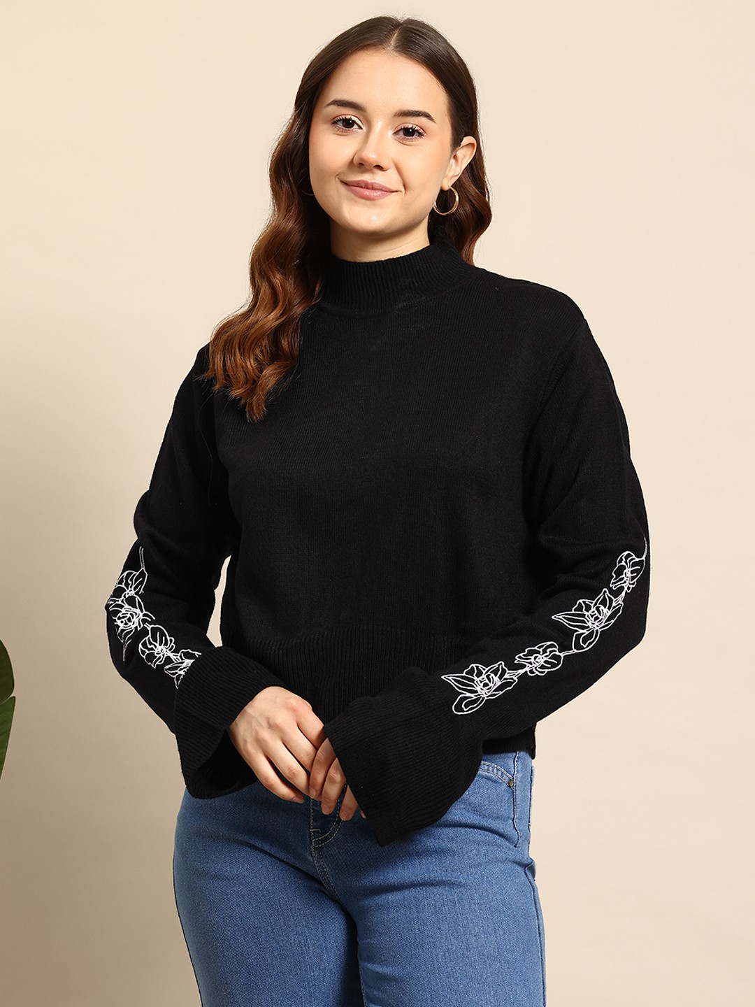 

Mast & Harbour Floral Embroidered Pullover Sweaters, Black