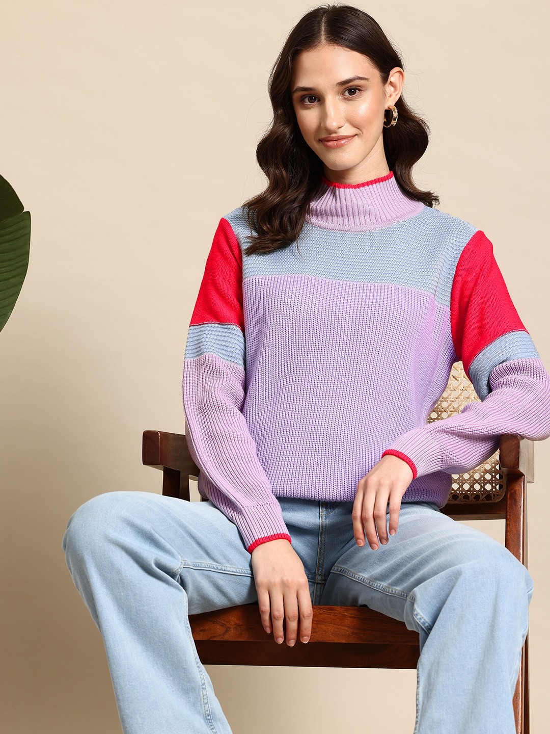 

Mast & Harbour Pure Acrylic Colourblocked Pullover, Lavender