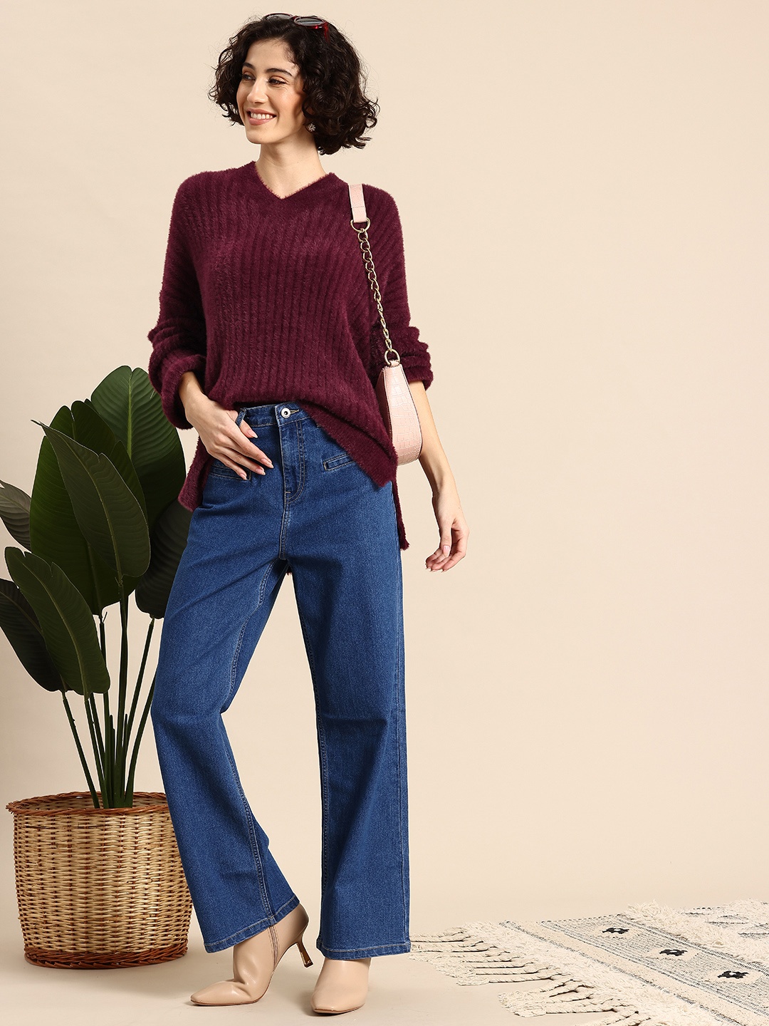 

Mast & Harbour Fuzzy Ribbed Sweater, Burgundy