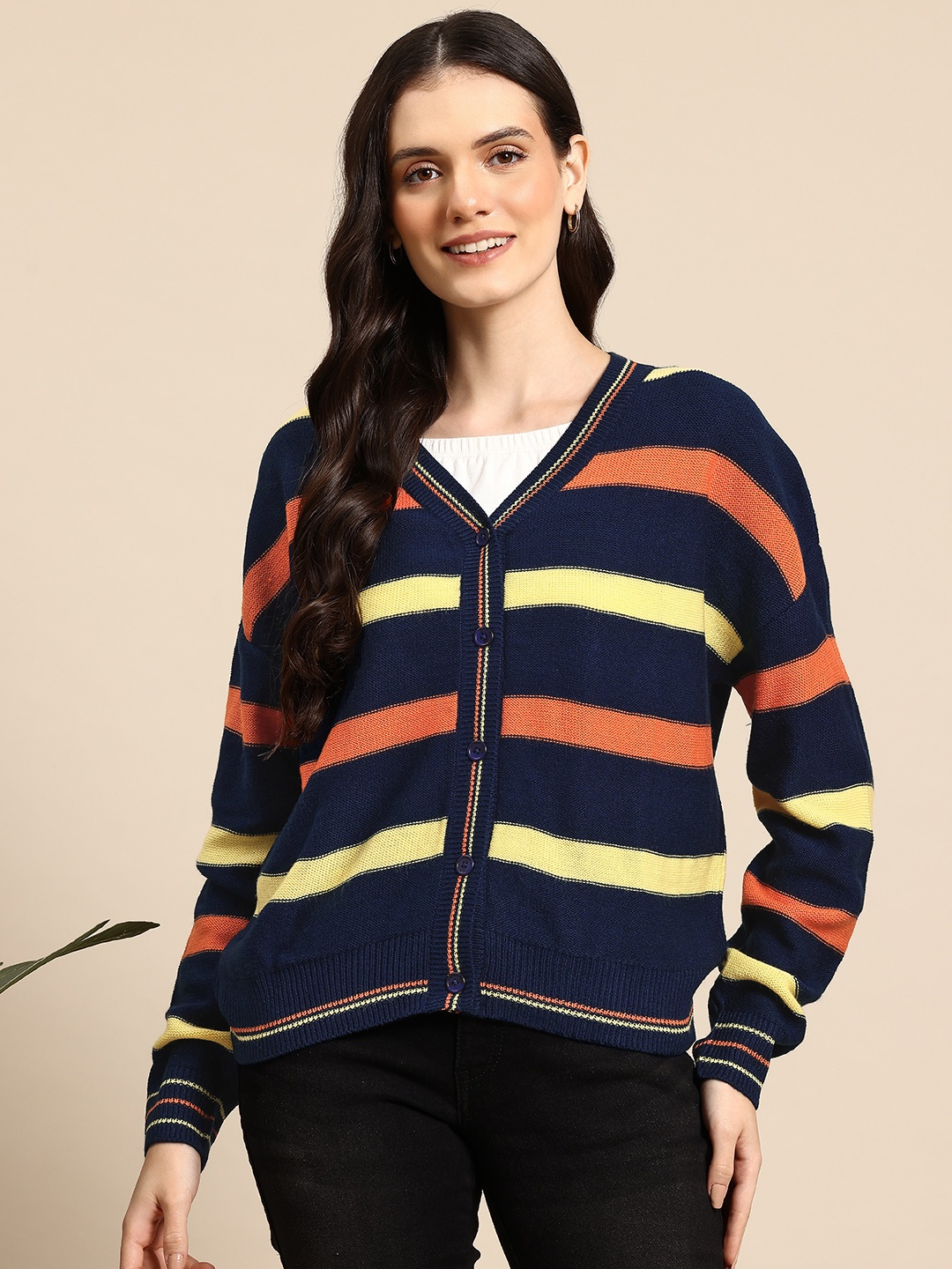 

Mast & Harbour V-Neck Striped Cardigan, Navy blue