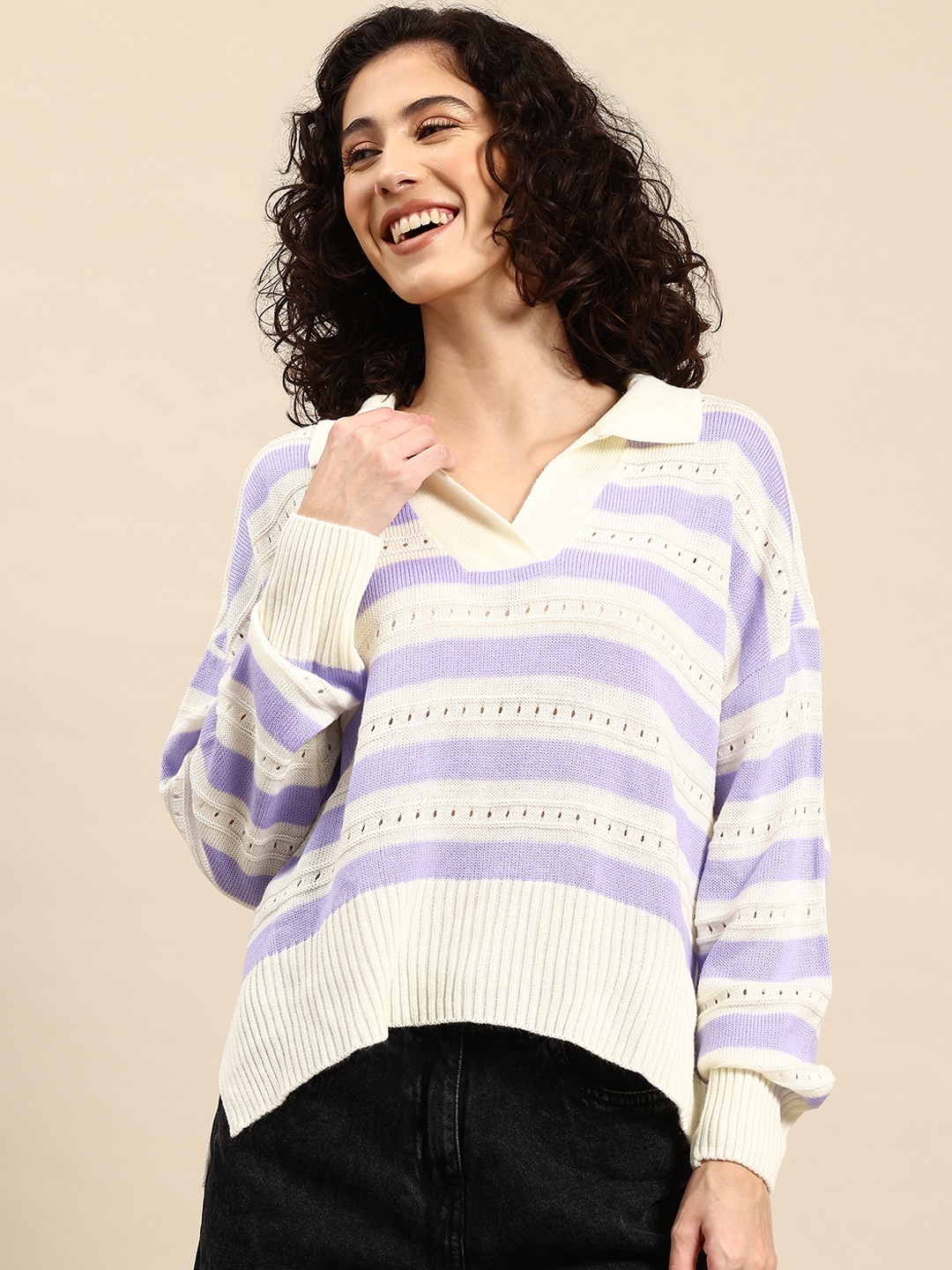 

Mast & Harbour Open Knit Striped Pullover, Cream