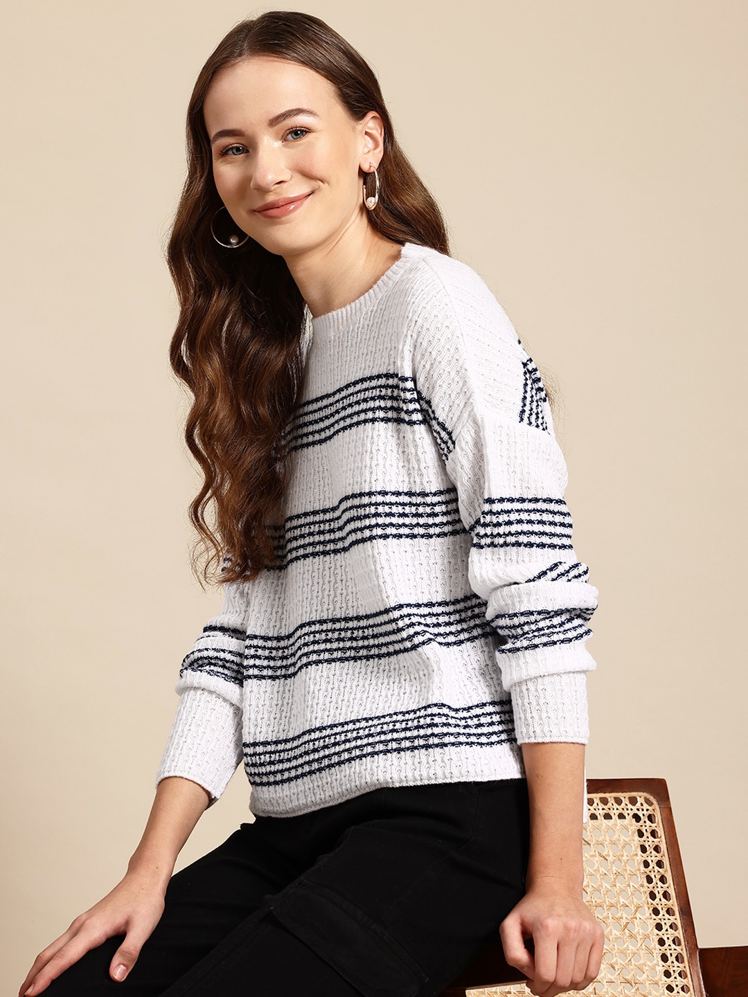 

Mast & Harbour Striped Ribbed Sweater, White