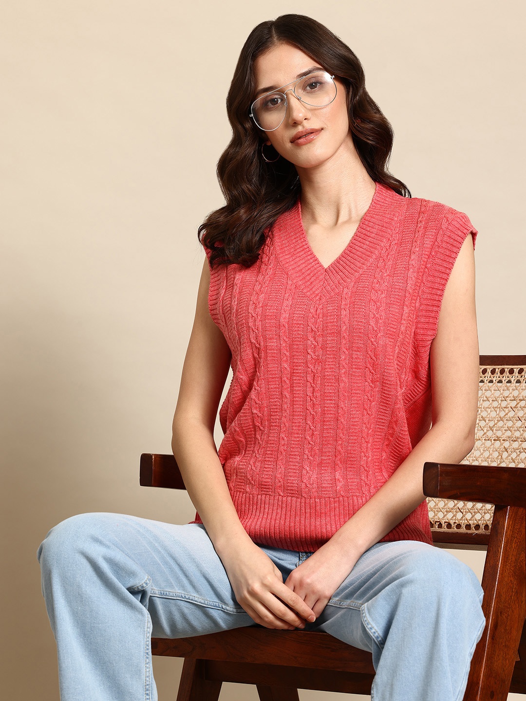 

Mast & Harbour Pure Acrylic Cable Knit Sweater Vest, Peach