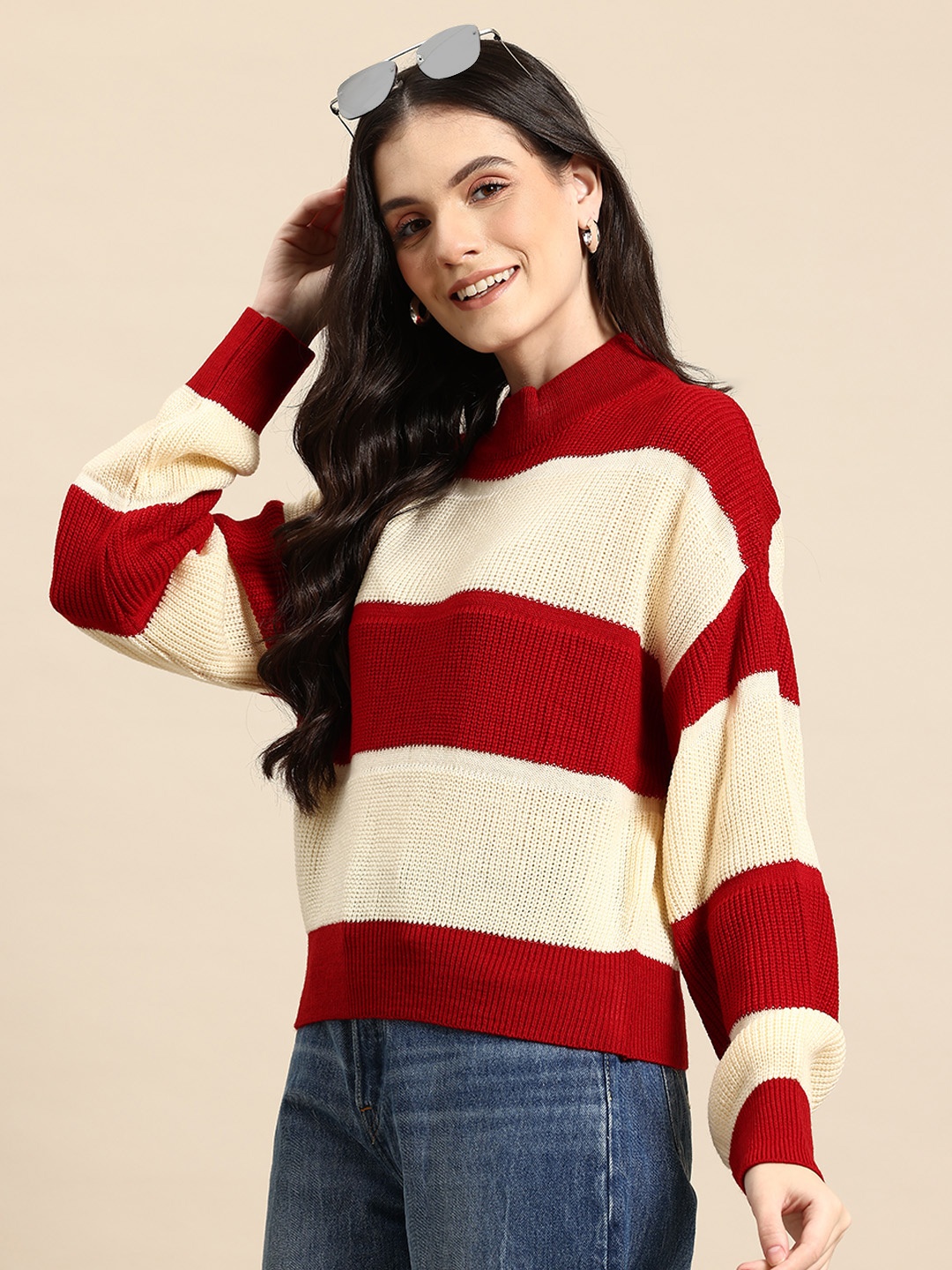 

Mast & Harbour Striped Ribbed Design Acrylic Pullover, Red