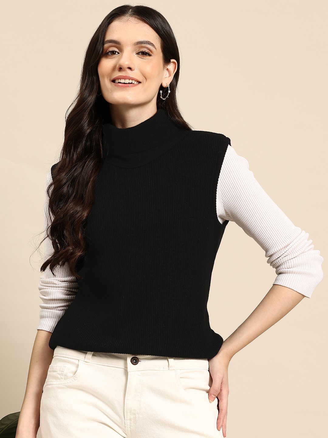

Mast & Harbour High Neck Knitted Sweater Vest, Black
