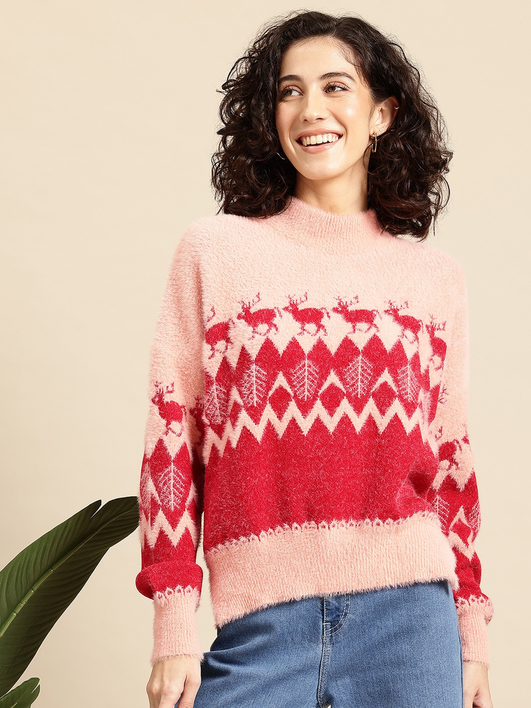 

Mast & Harbour Tribal Design Perkins Neck Fuzzy Texture Pullover, Pink