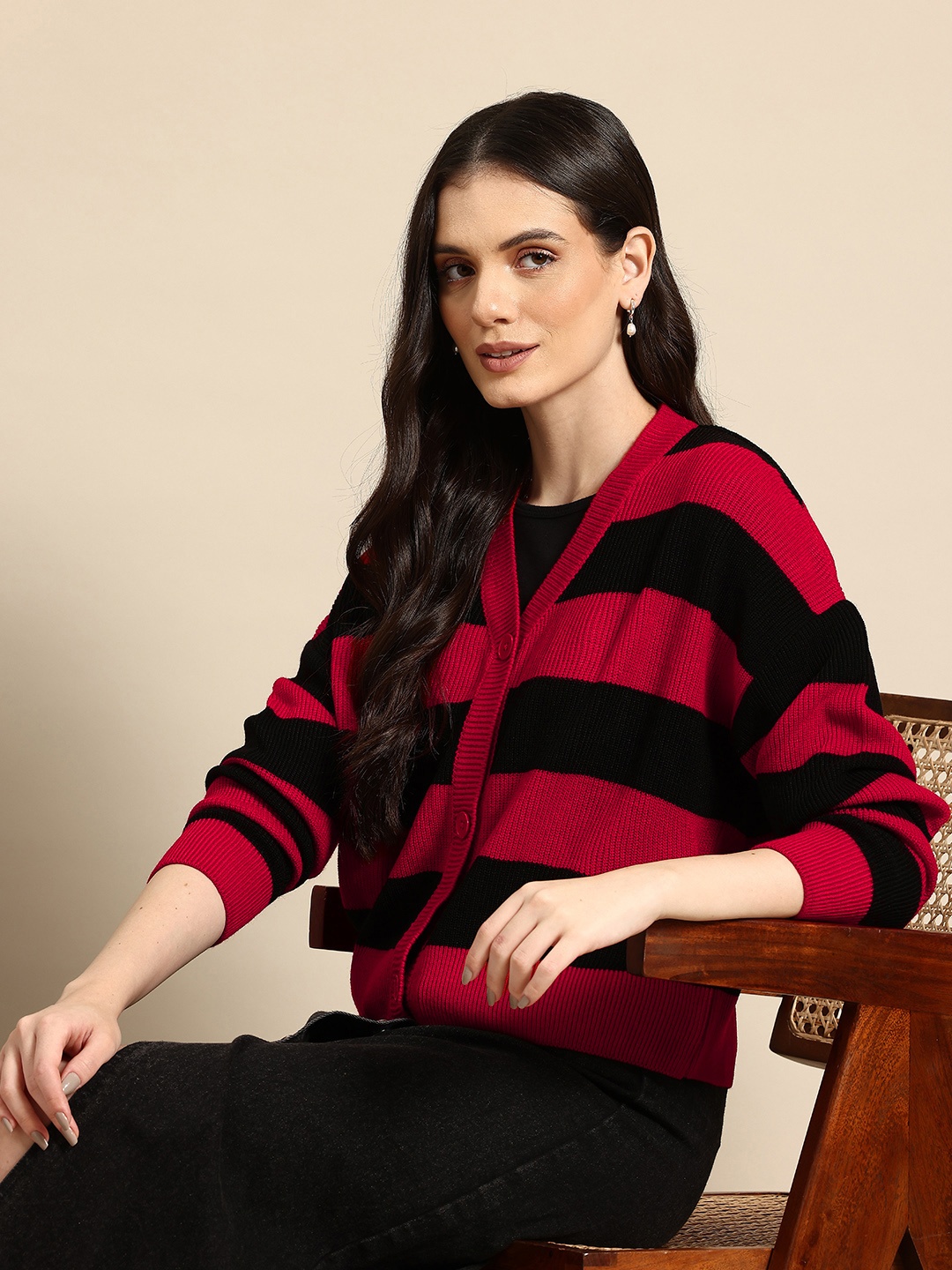 

Mast & Harbour V-Neck Striped Cardigan, Red