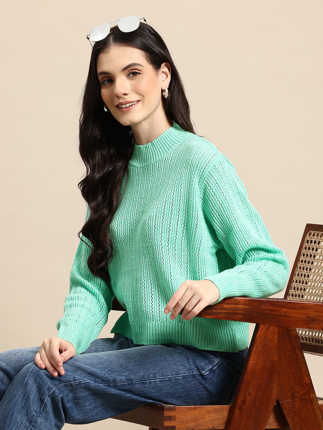 

Mast & Harbour Open Knit Design Acrylic Pullover, Green