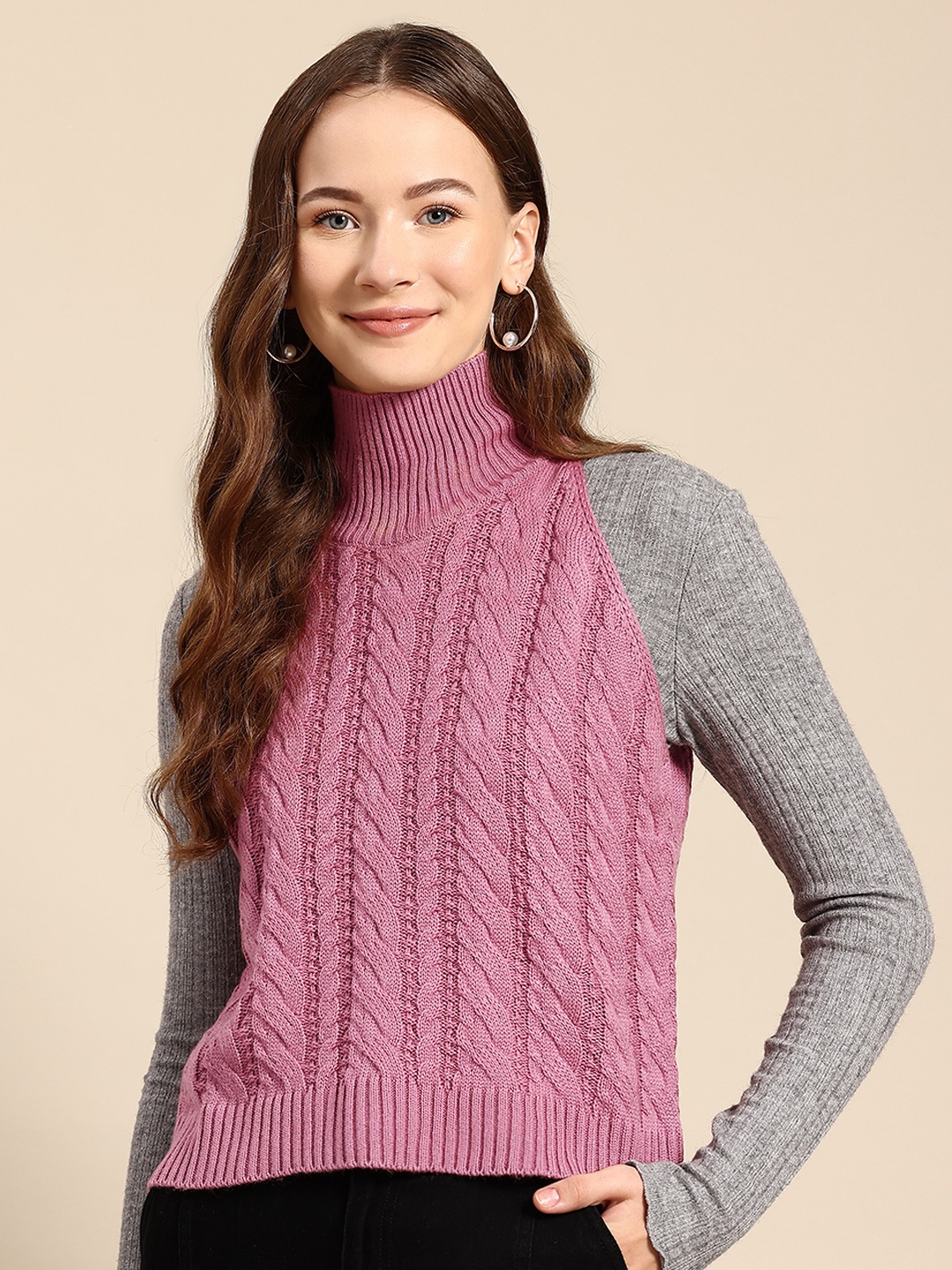 

Mast & Harbour Cable Knit Ribbed Sweater, Pink