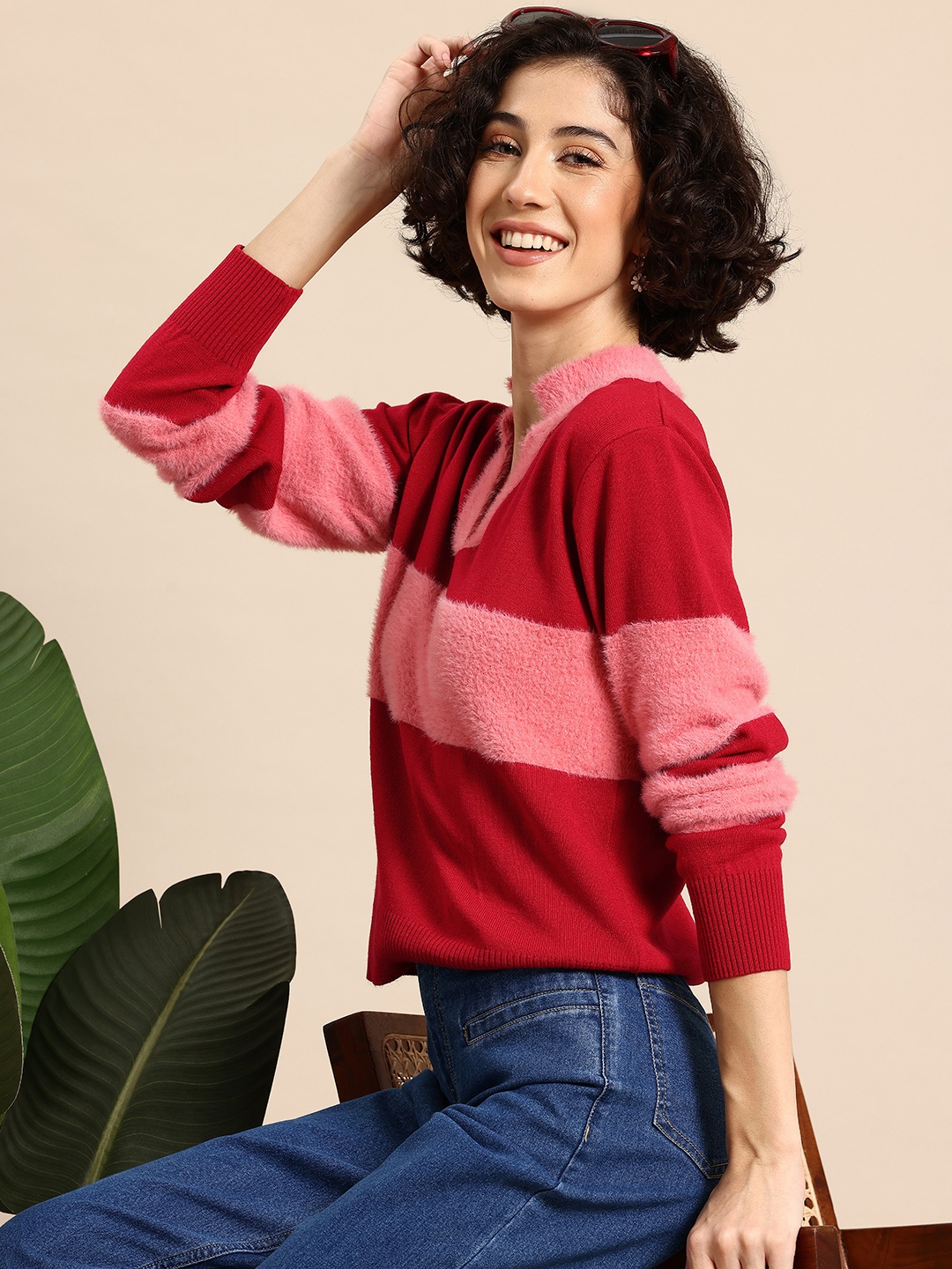 

Mast & Harbour Long Sleeves Fuzzy Striped Sweater, Red