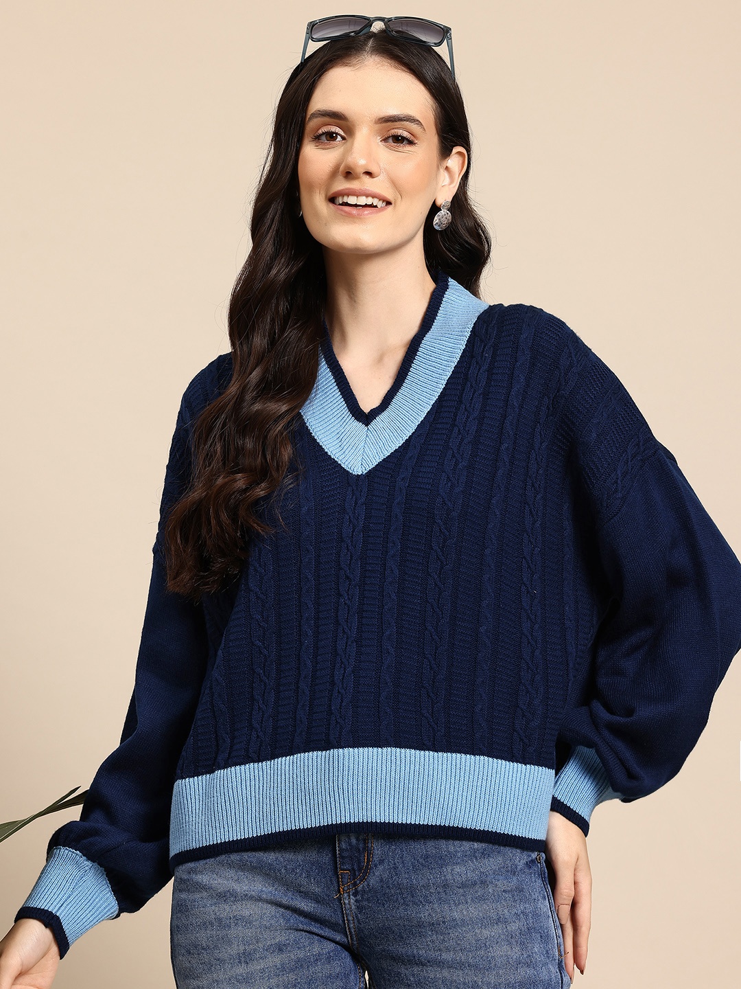 

Mast & Harbour Pure Acrylic Cable Knit Pullover, Navy blue