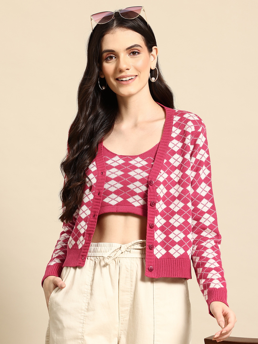 

Mast & Harbour Geometric Cardigan with Top, Pink