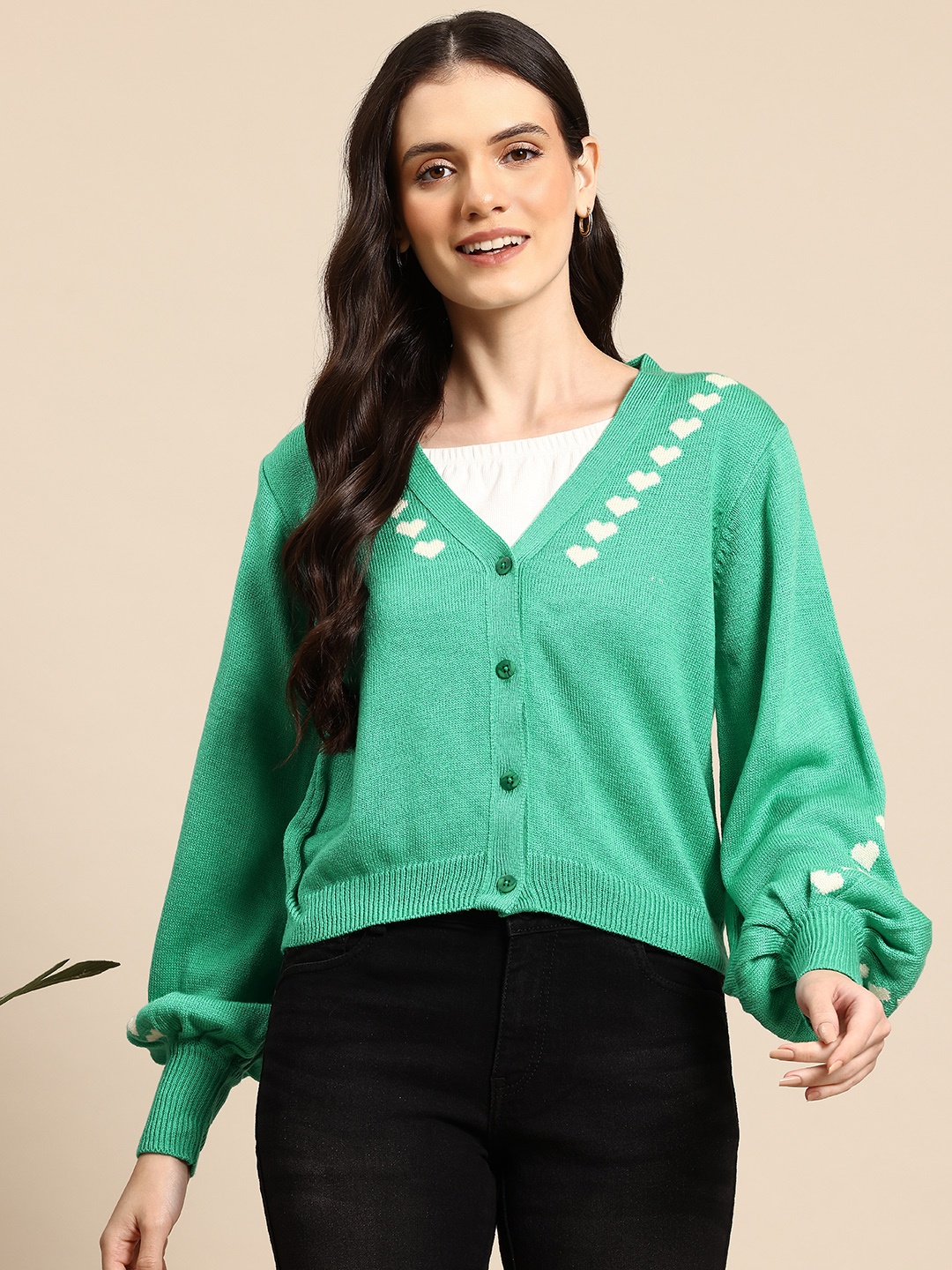 

Mast & Harbour Puff Sleeve Cardigan, Green