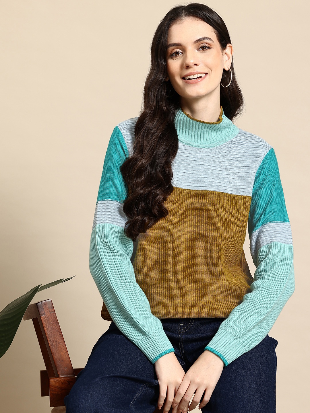 

Mast & Harbour Pure Acrylic Colourblocked Pullover, Olive