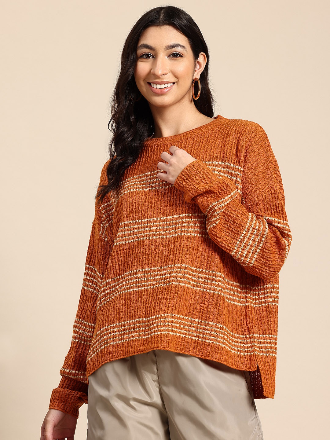 

Mast & Harbour Striped Ribbed Sweater, Orange