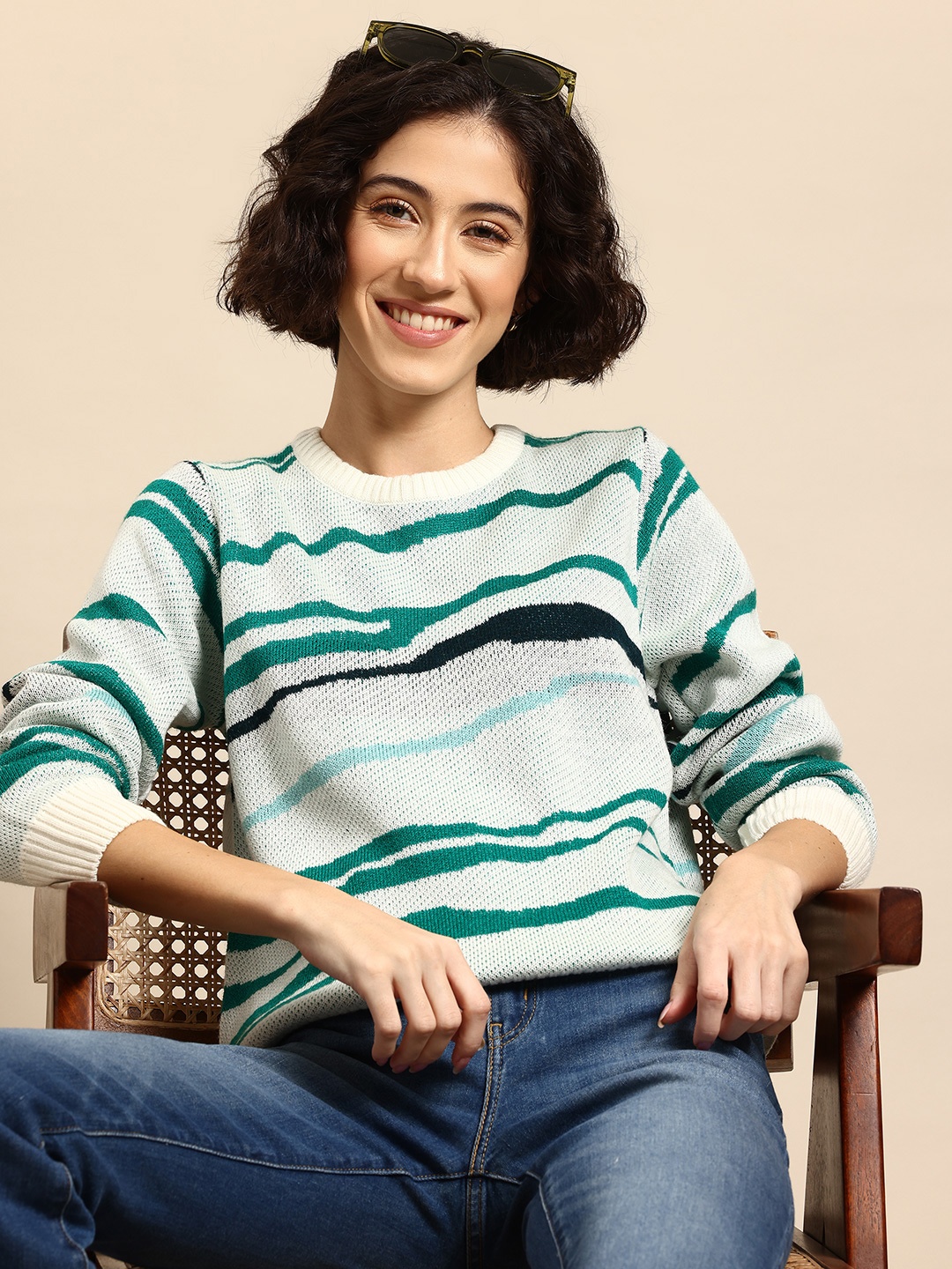 

Mast & Harbour Striped Pure Acrylic Pullover, Green