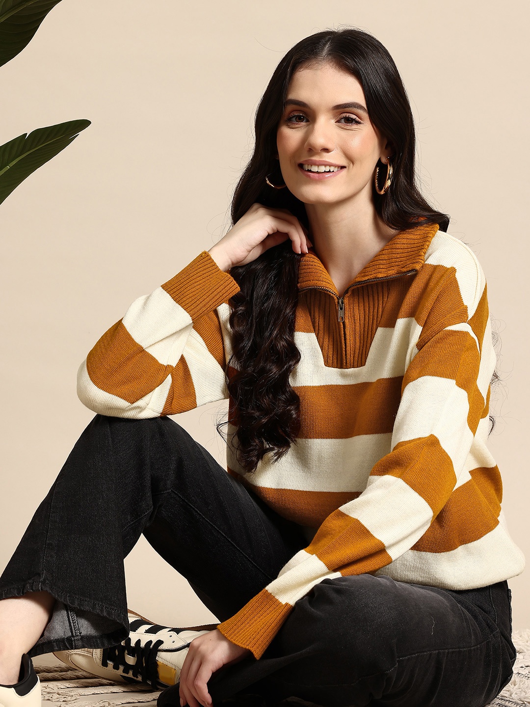 

Mast & Harbour Striped Acrylic Pullover, Cream