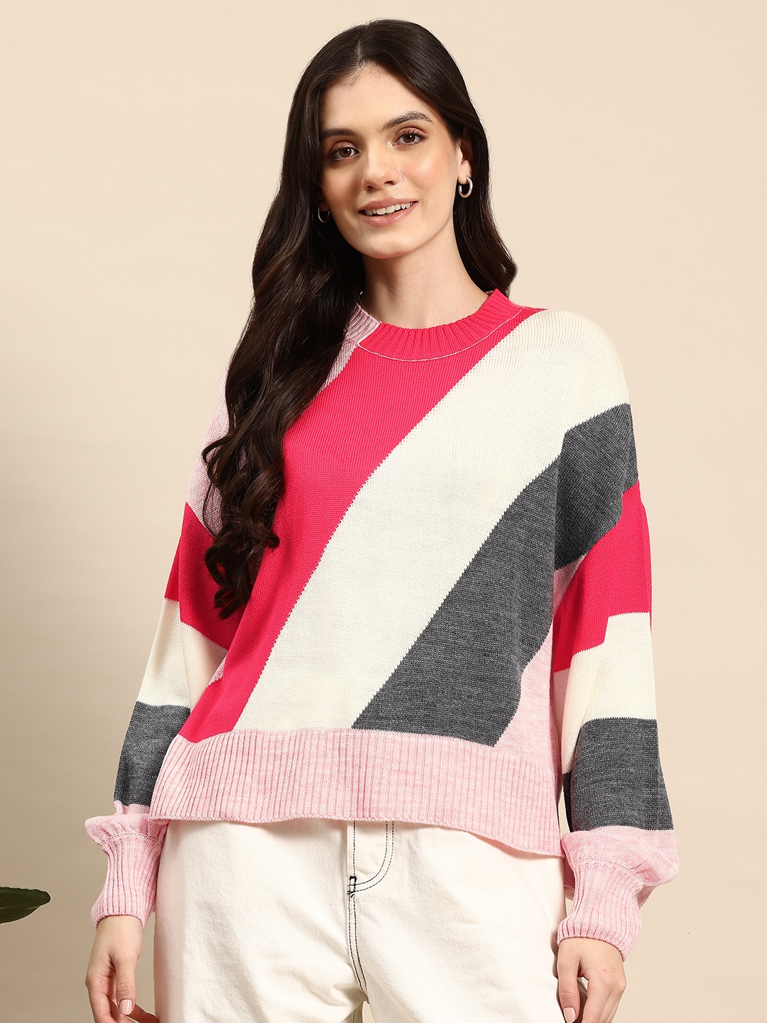 

Mast & Harbour Acrylic Striped Pullover, White