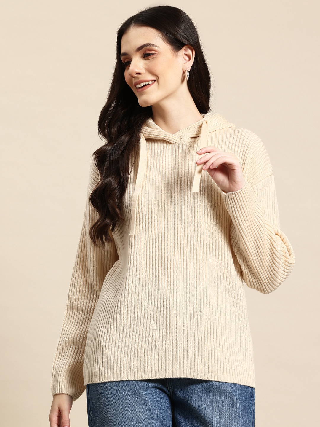 

Mast & Harbour Hooded Ribbed Acrylic Pullover, Beige