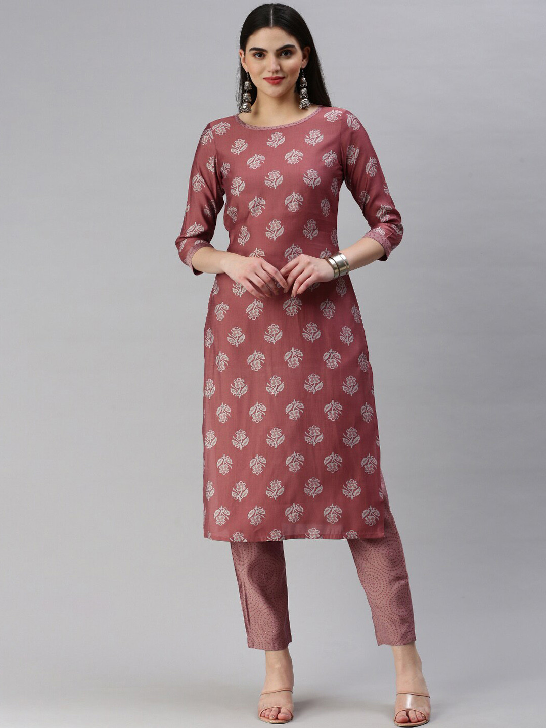 

KALINI Women Floral Printed Regular Chanderi Silk Kurta with Trousers, Pink