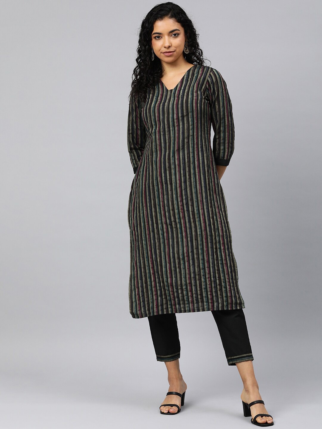 

KALINI Women Striped Regular Kurta with Trousers, Black