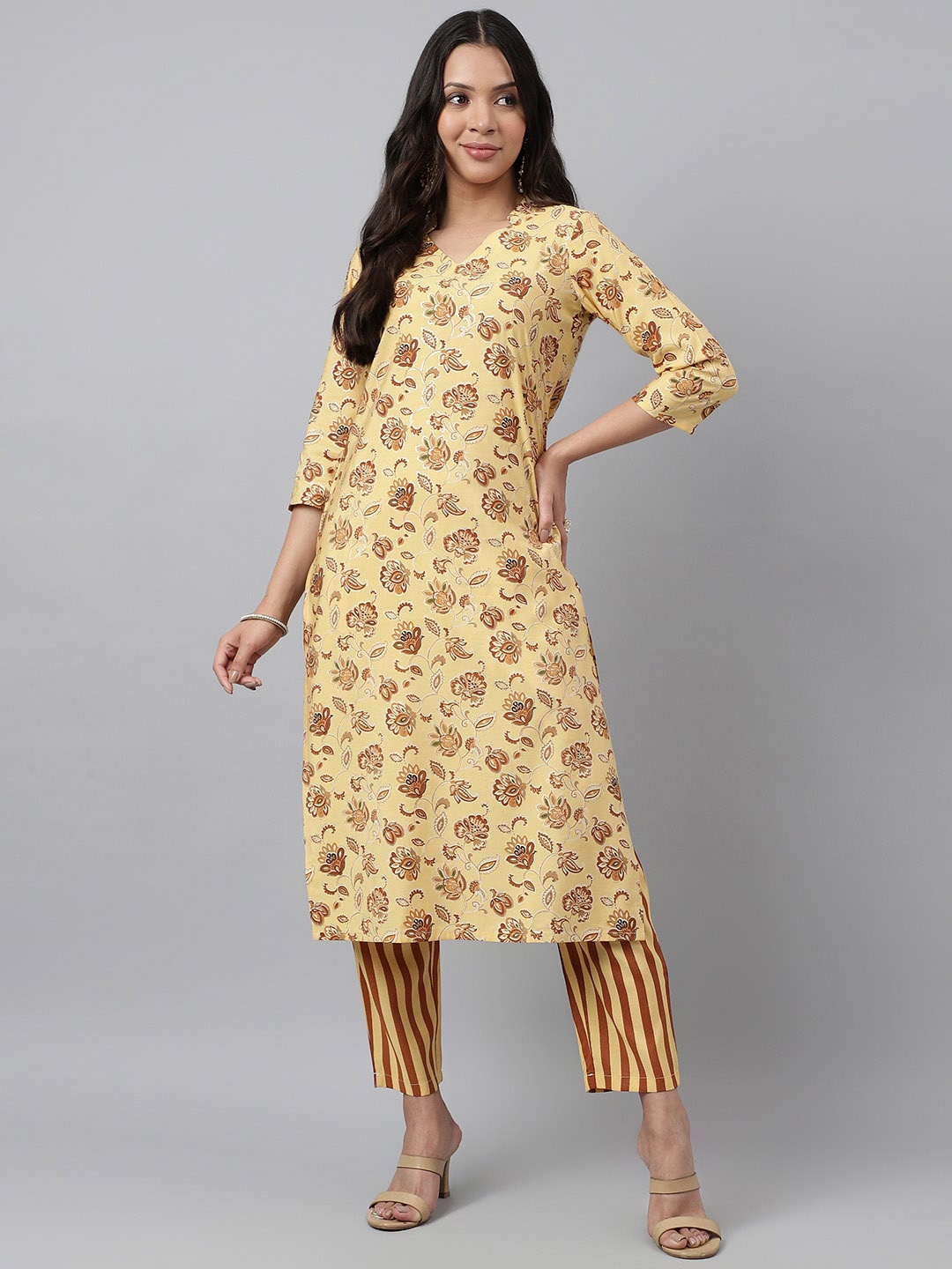 

KALINI Women Floral Striped Regular Kurta with Trousers, Yellow