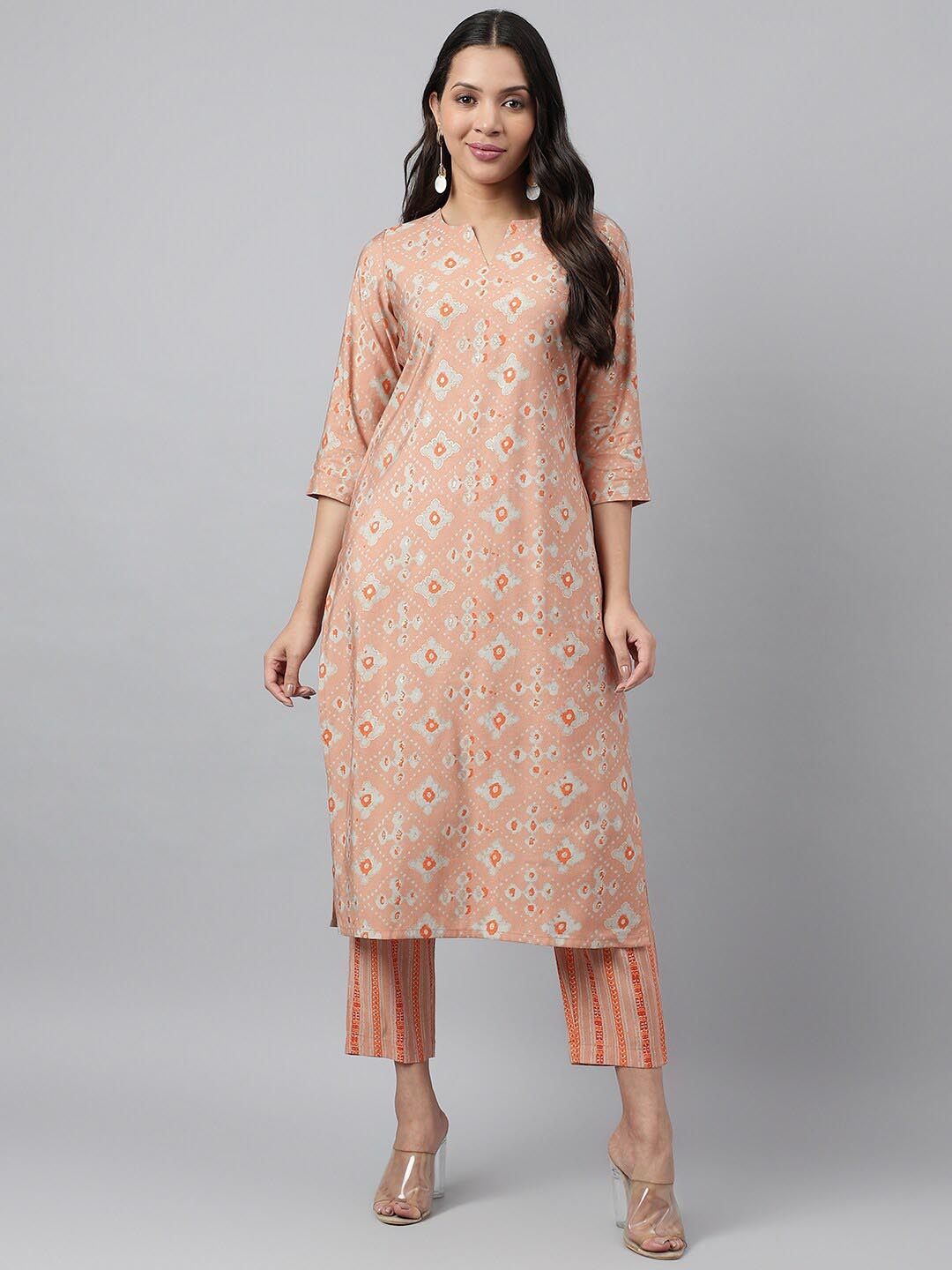 

KALINI Women Floral Striped Regular Chanderi Cotton Kurta with Trousers, Peach