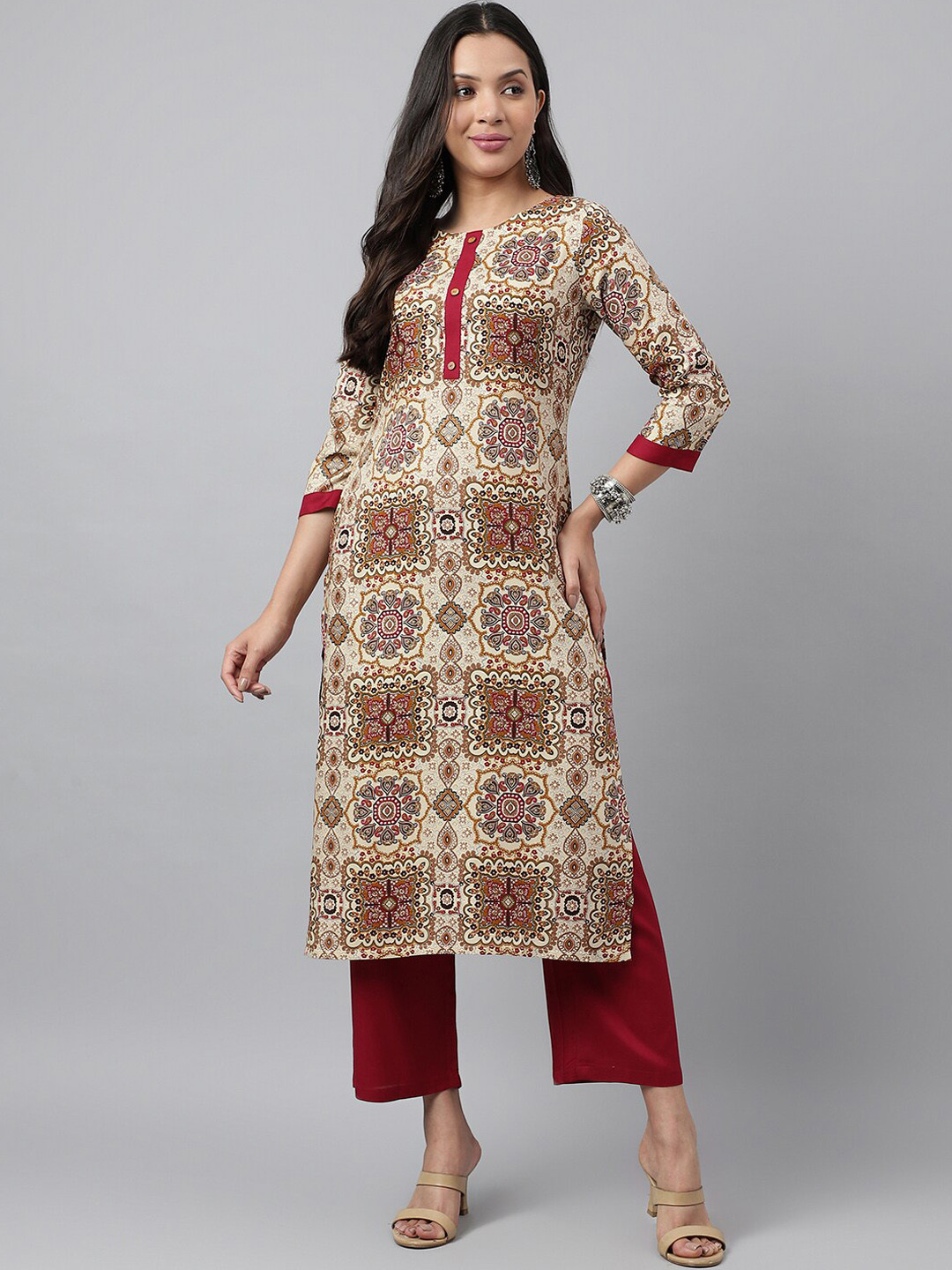 

KALINI Women Floral Printed Regular Kurta with Palazzos, Beige