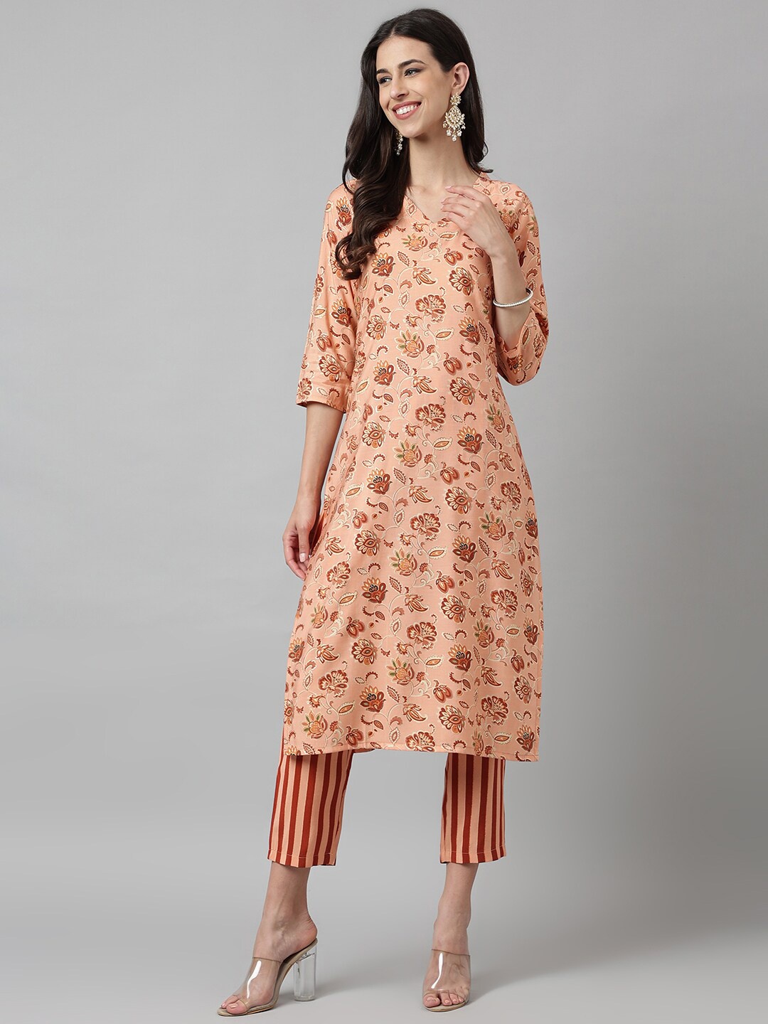 

KALINI Women Floral Printed Regular Kurta with Trousers, Peach