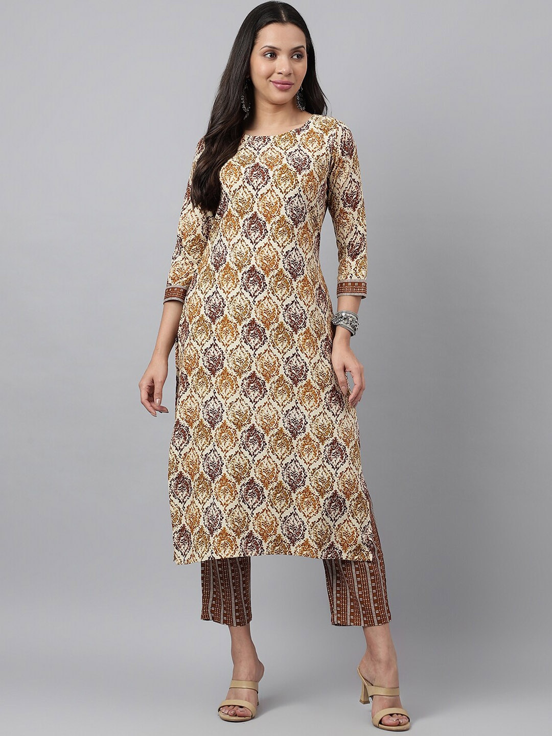 

KALINI Women Ethnic Motifs Printed Regular Kurta with Trousers, Brown