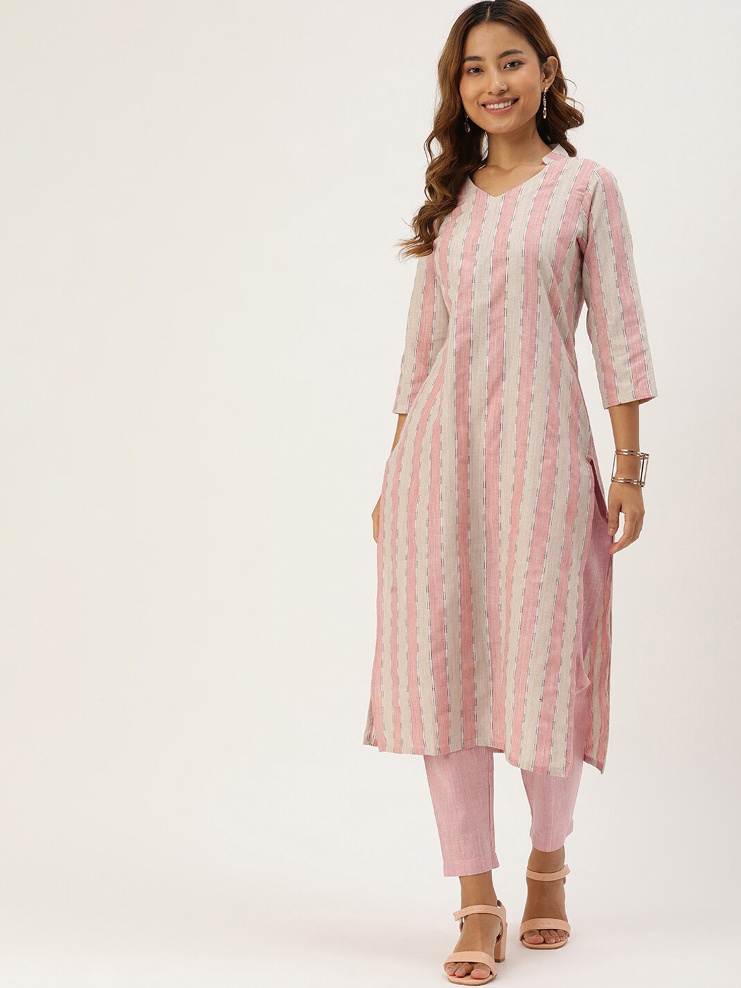 

KALINI Women Striped Regular Kurta with Trousers, Peach