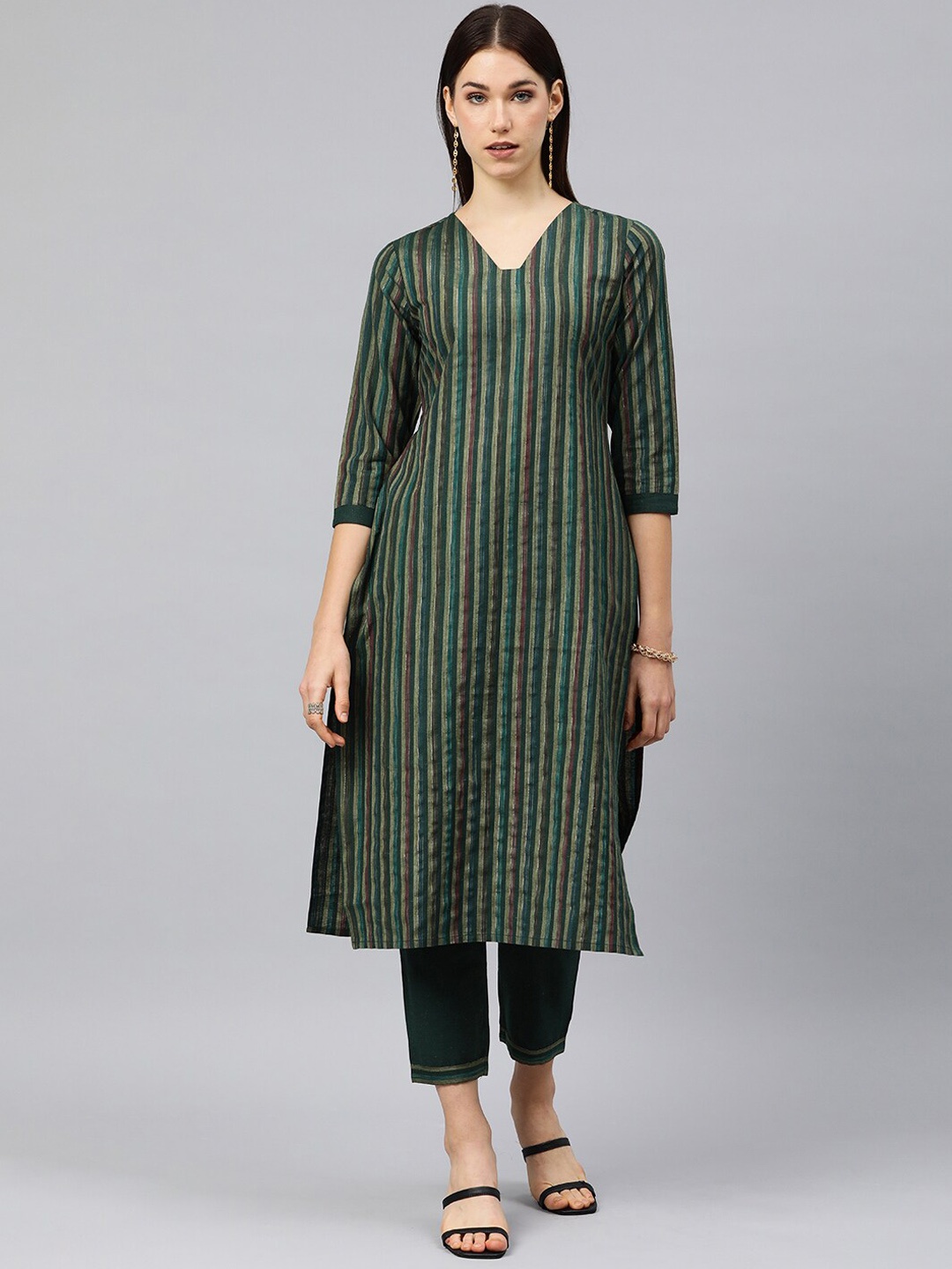 

KALINI Women Striped Regular Kurta with Trousers, Green