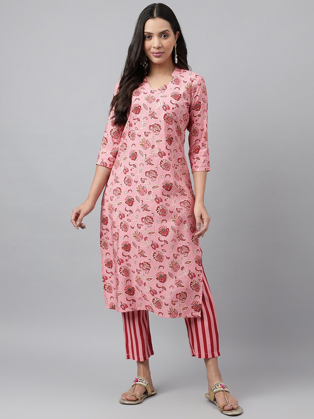

KALINI Women Floral Printed Regular Kurta with Trousers, Pink